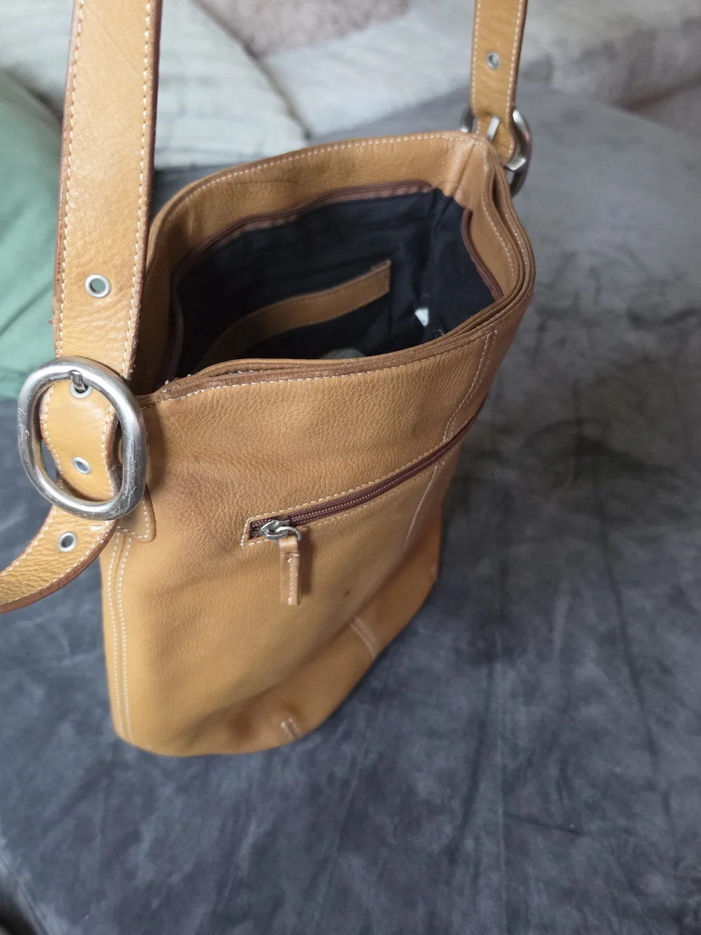 Tignanello Tan Shoulder Tote with Green Pouch